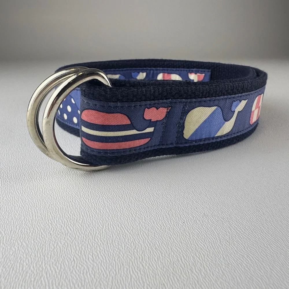 Vineyard Vines Navy Kids Whale Print Fabric Belt with Silver D-Rings